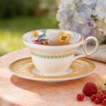 KAMMAK Ceramic Coffee Cups Saucers Set of 2, Porcelain Espresso Cups with Saucers, 5.92 oz Handmade Elegant Bone China Tea Cup, Ceramic Floral Pattern Demitasse for Latte,...