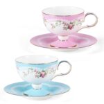 KAMMAK Ceramic Coffee Cups Saucers Set of 2, Porcelain Espresso Cups with Saucers, 6.52 oz Handmade Elegant Bone China Tea Cup, Ceramic Floral Pattern Demitasse for Latte,...