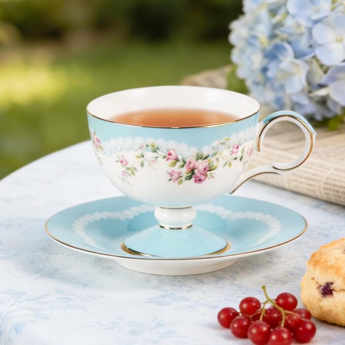 KAMMAK Ceramic Coffee Cups Saucers Set of 2, Porcelain Espresso Cups with Saucers, 6.52 oz Handmade Elegant Bone China Tea Cup, Ceramic Floral Pattern Demitasse for Latte,...