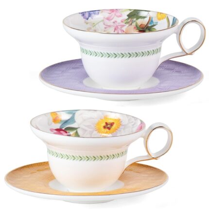 KAMMAK Ceramic Coffee Cups Saucers Set of 2, Porcelain Espresso Cups with Saucers, 5.92 oz Handmade Elegant Bone China Tea Cup, Ceramic Floral Pattern Demitasse for Latte,...