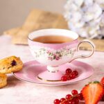 KAMMAK Ceramic Coffee Cups Saucers Set of 2, Porcelain Espresso Cups with Saucers, 6.52 oz Handmade Elegant Bone China Tea Cup, Ceramic Floral Pattern Demitasse for Latte,...