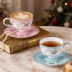 KAMMAK Ceramic Coffee Cups Saucers Set of 2, Porcelain Espresso Cups with Saucers, 6.52 oz Handmade Elegant Bone China Tea Cup, Ceramic Floral Pattern Demitasse for Latte,...