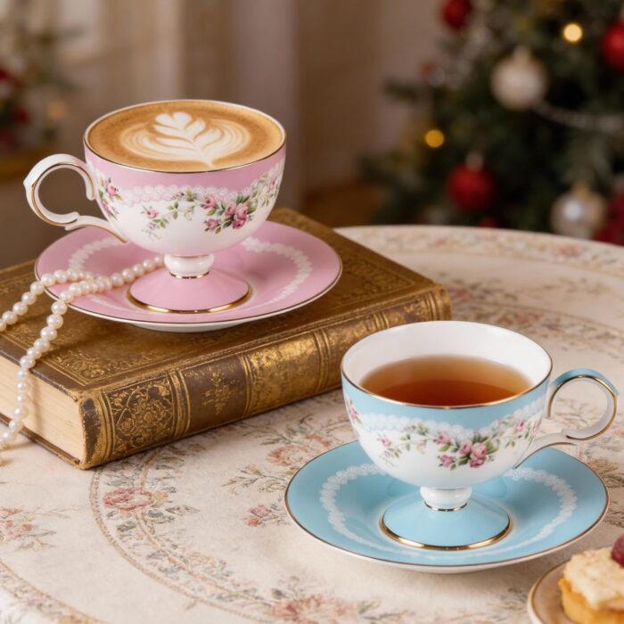 KAMMAK Ceramic Coffee Cups Saucers Set of 2, Porcelain Espresso Cups with Saucers, 6.52 oz Handmade Elegant Bone China Tea Cup, Ceramic Floral Pattern Demitasse for Latte,...