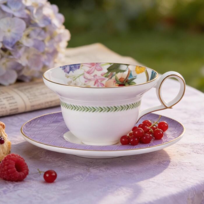 KAMMAK Ceramic Coffee Cups Saucers Set of 2, Porcelain Espresso Cups with Saucers, 5.92 oz Handmade Elegant Bone China Tea Cup, Ceramic Floral Pattern Demitasse for Latte,...