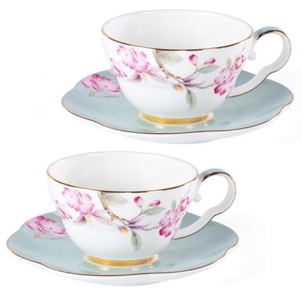 KAMMAK Ceramic Coffee Cups Saucers Set of 2, Porcelain Espresso Cups with Saucers, 5.41 oz Handmade Elegant Bone China Tea Cup, Ceramic Floral Pattern Demitasse for Latte,...