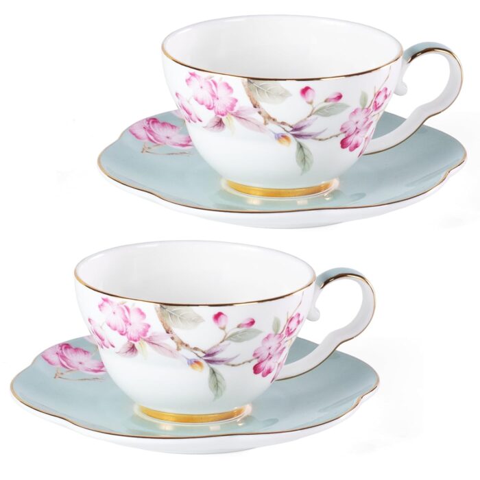 KAMMAK Ceramic Coffee Cups Saucers Set of 2, Porcelain Espresso Cups with Saucers, 5.41 oz Handmade Elegant Bone China Tea Cup, Ceramic Floral Pattern Demitasse for Latte,...