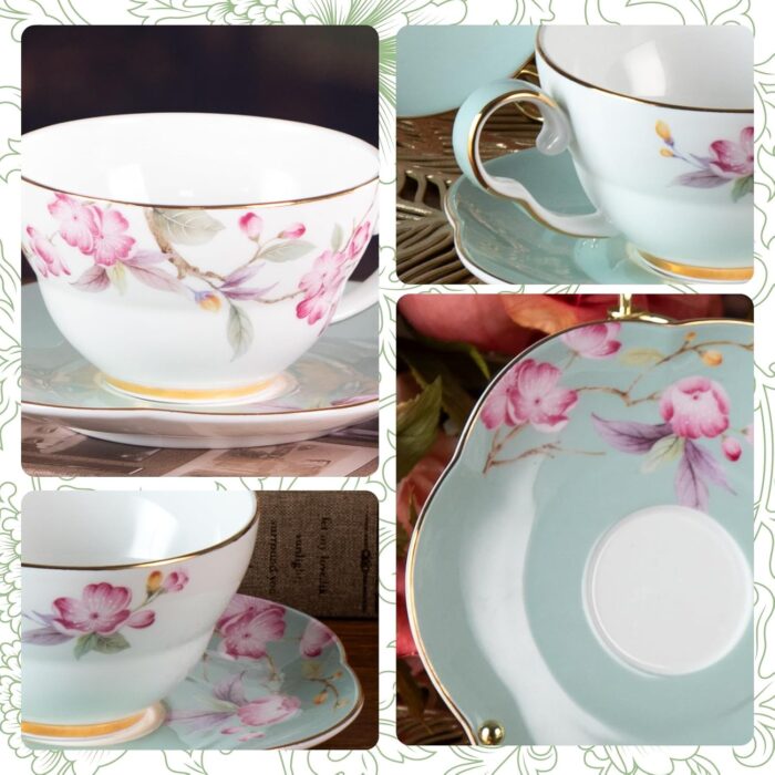 KAMMAK Ceramic Coffee Cups Saucers Set of 2, Porcelain Espresso Cups with Saucers, 5.41 oz Handmade Elegant Bone China Tea Cup, Ceramic Floral Pattern Demitasse for Latte,...