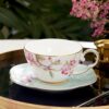 KAMMAK Ceramic Coffee Cups Saucers Set of 2, Porcelain Espresso Cups with Saucers, 5.41 oz Handmade Elegant Bone China Tea Cup, Ceramic Floral Pattern Demitasse for Latte,... KAMMAK 8CZRX011 ceramic cup and saucer close-up material texture detail image 4