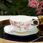 KAMMAK Ceramic Coffee Cups Saucers Set of 2, Porcelain Espresso Cups with Saucers, 5.41 oz Handmade Elegant Bone China Tea Cup, Ceramic Floral Pattern Demitasse for Latte,...