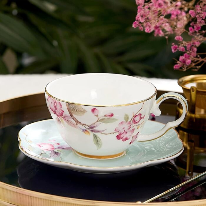KAMMAK Ceramic Coffee Cups Saucers Set of 2, Porcelain Espresso Cups with Saucers, 5.41 oz Handmade Elegant Bone China Tea Cup, Ceramic Floral Pattern Demitasse for Latte,...