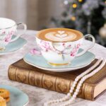 KAMMAK Ceramic Coffee Cups Saucers Set of 2, Porcelain Espresso Cups with Saucers, 5.41 oz Handmade Elegant Bone China Tea Cup, Ceramic Floral Pattern Demitasse for Latte,...