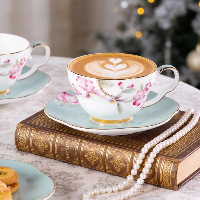 KAMMAK Ceramic Coffee Cups Saucers Set of 2, Porcelain Espresso Cups with Saucers, 5.41 oz Handmade Elegant Bone China Tea Cup, Ceramic Floral Pattern Demitasse for Latte,...