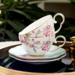 KAMMAK Ceramic Coffee Cups Saucers Set of 2, Porcelain Espresso Cups with Saucers, 5.41 oz Handmade Elegant Bone China Tea Cup, Ceramic Floral Pattern Demitasse for Latte,...