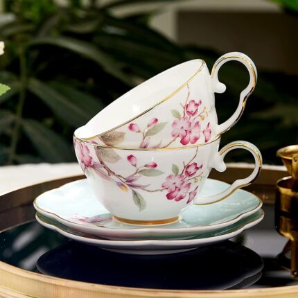 KAMMAK Ceramic Coffee Cups Saucers Set of 2, Porcelain Espresso Cups with Saucers, 5.41 oz Handmade Elegant Bone China Tea Cup, Ceramic Floral Pattern Demitasse for Latte,...