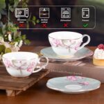 KAMMAK Ceramic Coffee Cups Saucers Set of 2, Porcelain Espresso Cups with Saucers, 5.41 oz Handmade Elegant Bone China Tea Cup, Ceramic Floral Pattern Demitasse for Latte,...