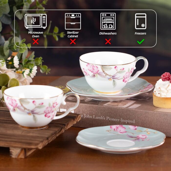KAMMAK Ceramic Coffee Cups Saucers Set of 2, Porcelain Espresso Cups with Saucers, 5.41 oz Handmade Elegant Bone China Tea Cup, Ceramic Floral Pattern Demitasse for Latte,...