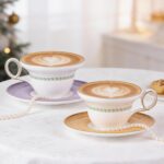 KAMMAK Ceramic Coffee Cups Saucers Set of 2, Porcelain Espresso Cups with Saucers, 5.92 oz Handmade Elegant Bone China Tea Cup, Ceramic Floral Pattern Demitasse for Latte,...