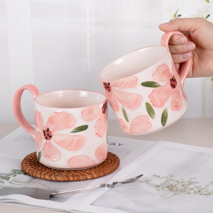 KAMMAK Ceramic Coffee Mug, 13.5oz Pink Mugs Set of 2, Novelty Cup for Tea, Juice, Milk, Cute Porcelain Water Cups with Handle for Women, Dishwasher and Microwave Safe
