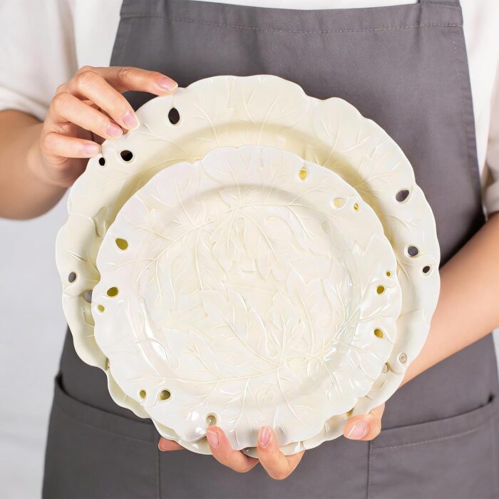 KAMMAK Ceramic Decorative Plate Set of 2, Porcelain Plates for Kitchen Dining Room Wine Cabinet Home Decor, Vintage Collector Plates with 2 Display Stand, Cream-White Leaves...