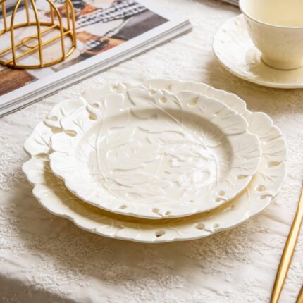 KAMMAK Ceramic Decorative Plate Set of 2, Porcelain Plates for Kitchen Dining Room Wine Cabinet Home Decor, Vintage Collector Plates with 2 Display Stand, Cream-White Leaves...