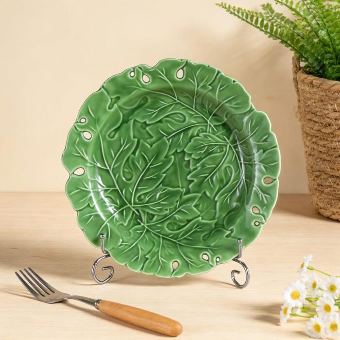 KAMMAK Ceramic Decorative Plate Set of 2, Porcelain Plates for Kitchen Dining Room Wine Cabinet Home Decor, Vintage Collector Plates with 2 Display Stand, Green Leaves (8-inch +...