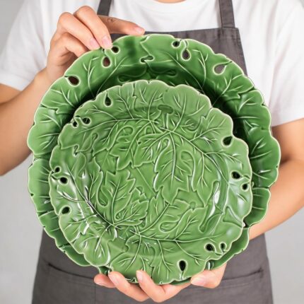 KAMMAK Ceramic Decorative Plate Set of 2, Porcelain Plates for Kitchen Dining Room Wine Cabinet Home Decor, Vintage Collector Plates with 2 Display Stand, Green Leaves (8-inch +...