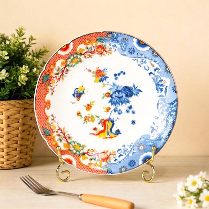 KAMMAK Ceramic Decorative Plate Set of 2, Porcelain Plates for Kitchen Dining Room Wine Cabinet Home Decor, Vintage Collector Plates with 2 Display Stand, Lotus Pattern (8-inch...