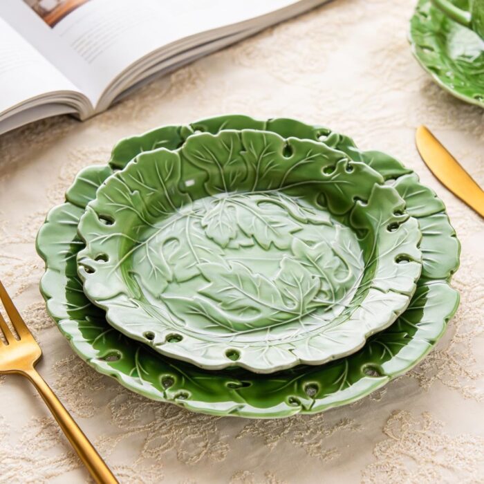 KAMMAK Ceramic Decorative Plate Set of 2, Porcelain Plates for Kitchen Dining Room Wine Cabinet Home Decor, Vintage Collector Plates with 2 Display Stand, Green Leaves (8-inch +...