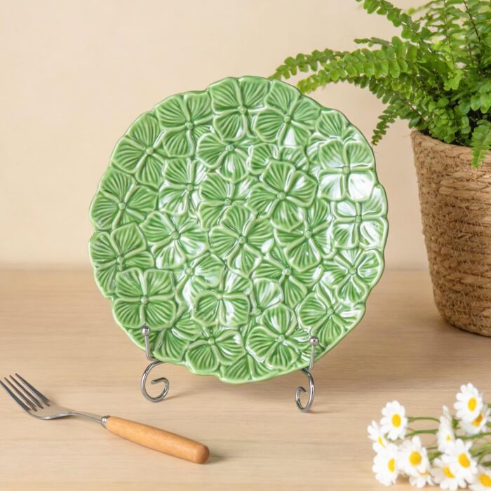 KAMMAK Ceramic Decorative Plate Set of 2, Porcelain Plates for Kitchen Dining Room Wine Cabinet Home Decor, Vintage Collector Plates with 2 Display Stand, Green Flowers (8-inch...