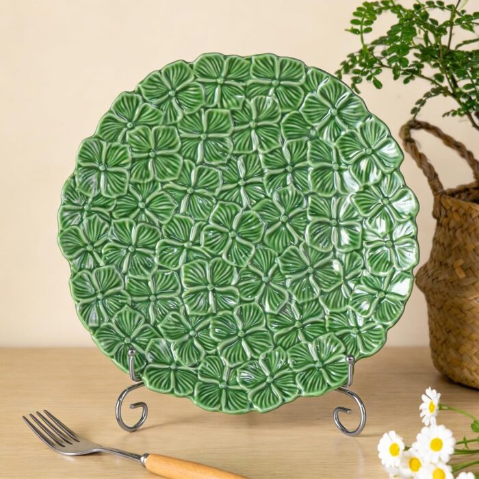 KAMMAK Ceramic Decorative Plate Set of 2, Porcelain Plates for Kitchen Dining Room Wine Cabinet Home Decor, Vintage Collector Plates with 2 Display Stand, Green Flowers (8-inch...