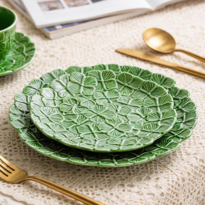 KAMMAK Ceramic Decorative Plate Set of 2, Porcelain Plates for Kitchen Dining Room Wine Cabinet Home Decor, Vintage Collector Plates with 2 Display Stand, Green Flowers (8-inch...