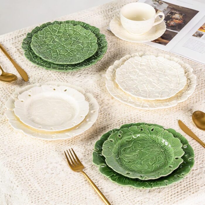 KAMMAK Ceramic Decorative Plate Set of 2, Porcelain Plates for Kitchen Dining Room Wine Cabinet Home Decor, Vintage Collector Plates with 2 Display Stand, Green Flowers (8-inch...