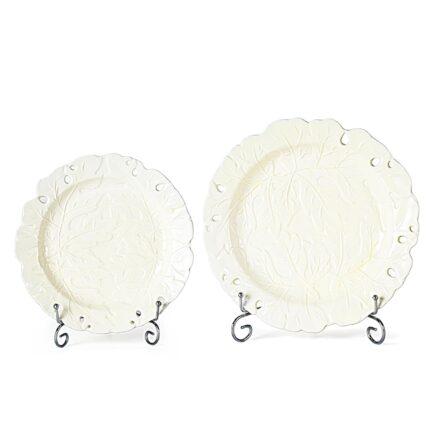 KAMMAK Ceramic Decorative Plate Set of 2, Porcelain Plates for Kitchen Dining Room Wine Cabinet Home Decor, Vintage Collector Plates with 2 Display Stand, Cream-White Leaves...