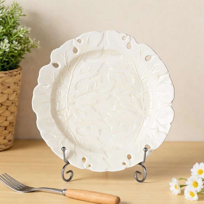 KAMMAK Ceramic Decorative Plate Set of 2, Porcelain Plates for Kitchen Dining Room Wine Cabinet Home Decor, Vintage Collector Plates with 2 Display Stand, Cream-White Leaves...