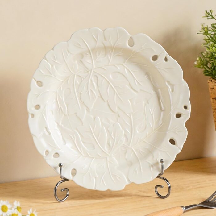 KAMMAK Ceramic Decorative Plate Set of 2, Porcelain Plates for Kitchen Dining Room Wine Cabinet Home Decor, Vintage Collector Plates with 2 Display Stand, Cream-White Leaves...