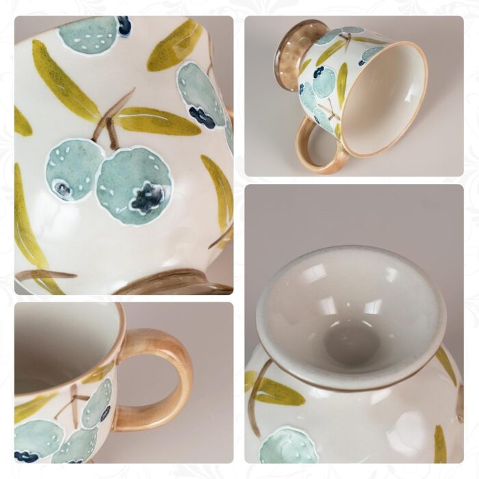 KAMMAK Ceramic Mug - Hand-Painted Coffee and Tea Mug - Vintage Breakfast Cups - Cute Mugs for Women - Ideal for Birthday - Afternoon Tea & Housewarming Gifts, Blueberry