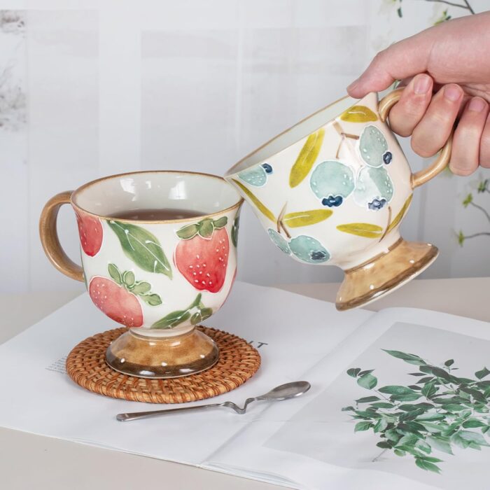 KAMMAK Ceramic Mug - Hand-Painted Coffee and Tea Mug - Vintage Breakfast Cups - Cute Mugs for Women - Ideal for Birthday - Afternoon Tea & Housewarming Gifts, Strawberry