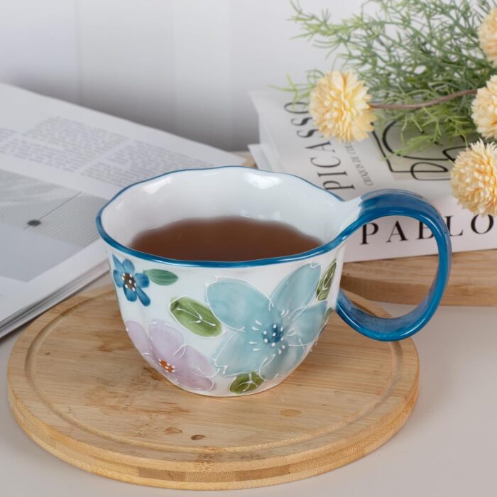 KAMMAK Ceramic Mug - Hand-Painted Coffee and Tea Mug - Vintage Breakfast Cups - Cute Mugs for Women - Ideal for Birthday - Afternoon Tea & Housewarming Gifts, Linglan Handle