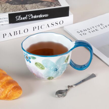 KAMMAK Ceramic Mug - Hand-Painted Coffee and Tea Mug - Vintage Breakfast Cups - Cute Mugs for Women - Ideal for Birthday - Afternoon Tea & Housewarming Gifts, Linglan Handle