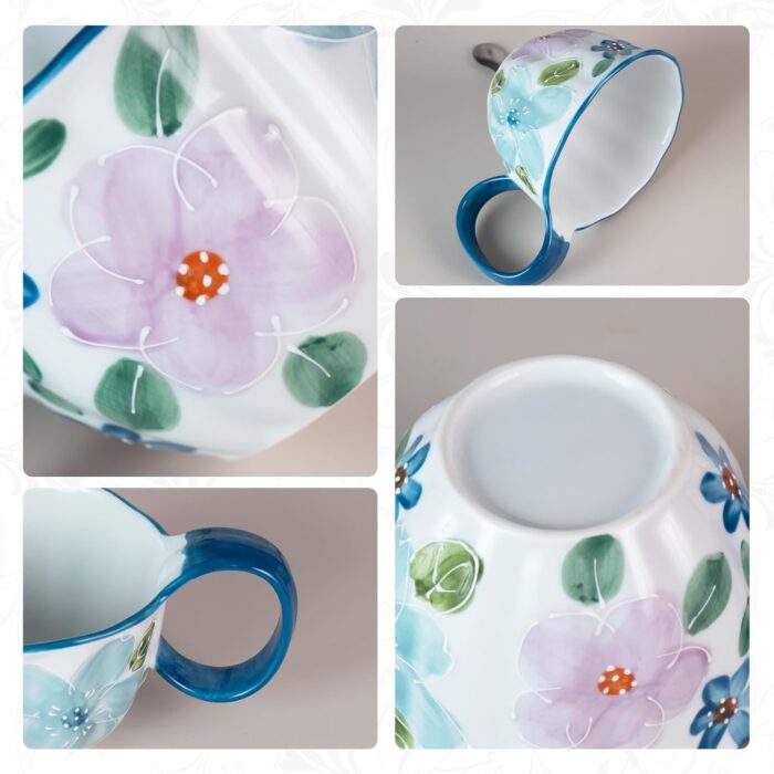 KAMMAK Ceramic Mug - Hand-Painted Coffee and Tea Mug - Vintage Breakfast Cups - Cute Mugs for Women - Ideal for Birthday - Afternoon Tea & Housewarming Gifts, Linglan Handle