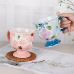 KAMMAK Ceramic Mug - Hand-Painted Coffee and Tea Mug - Vintage Breakfast Cups - Cute Mugs for Women - Ideal for Birthday - Afternoon Tea & Housewarming Gifts, Pink Morning Tea