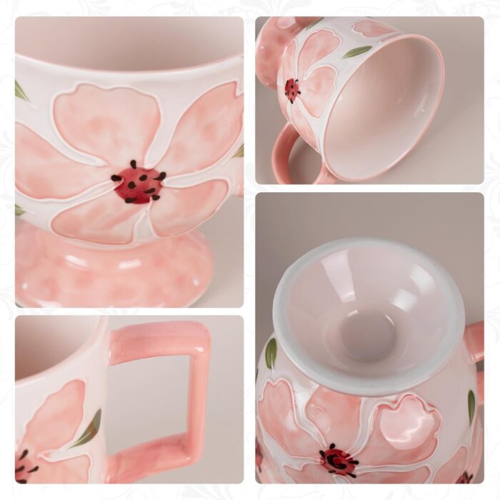 KAMMAK Ceramic Mug - Hand-Painted Coffee and Tea Mug - Vintage Breakfast Cups - Cute Mugs for Women - Ideal for Birthday - Afternoon Tea & Housewarming Gifts, Pink Morning Tea