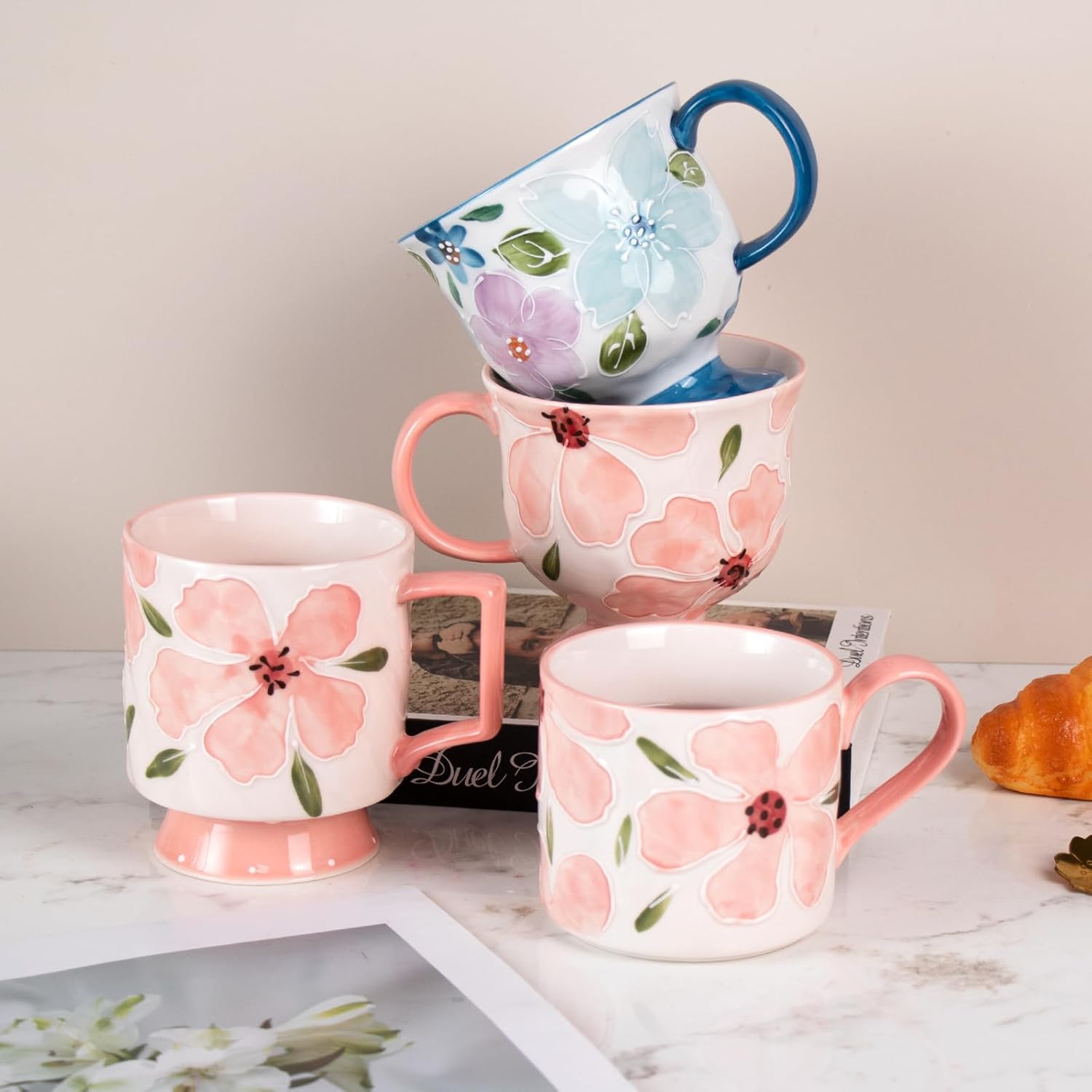 KAMMAK Ceramic Mug - Hand-Painted Coffee and Tea Mug - Vintage Breakfast Cups - Cute Mugs for Women - Ideal for Birthday - Afternoon Tea & Housewarming Gifts, Pink Morning Tea