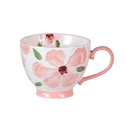 KAMMAK Ceramic Mug - Hand-Painted Coffee and Tea Mug - Vintage Breakfast Cups - Cute Mugs for Women - Ideal for Birthday - Afternoon Tea & Housewarming Gifts, Pink Breakfast