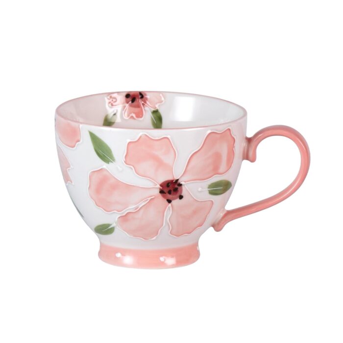 KAMMAK Ceramic Mug - Hand-Painted Coffee and Tea Mug - Vintage Breakfast Cups - Cute Mugs for Women - Ideal for Birthday - Afternoon Tea & Housewarming Gifts, Pink Breakfast