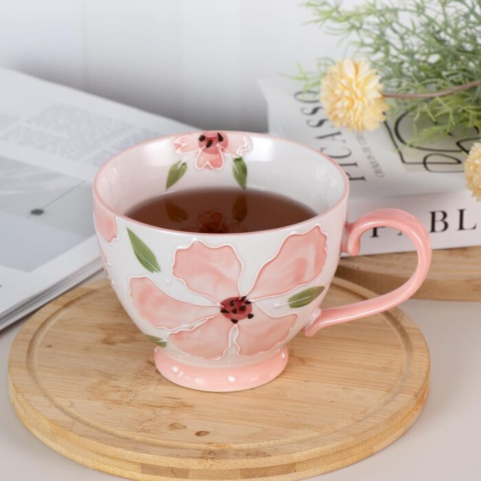 KAMMAK Ceramic Mug - Hand-Painted Coffee and Tea Mug - Vintage Breakfast Cups - Cute Mugs for Women - Ideal for Birthday - Afternoon Tea & Housewarming Gifts, Pink Breakfast