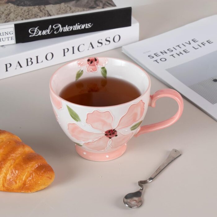 KAMMAK Ceramic Mug - Hand-Painted Coffee and Tea Mug - Vintage Breakfast Cups - Cute Mugs for Women - Ideal for Birthday - Afternoon Tea & Housewarming Gifts, Pink Breakfast