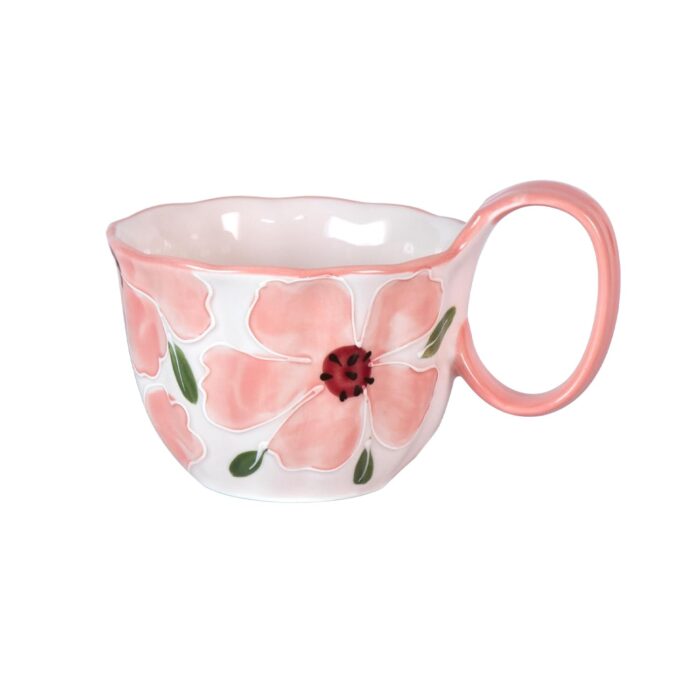 KAMMAK Ceramic Mug - Hand-Painted Coffee and Tea Mug - Vintage Breakfast Cups - Cute Mugs for Women - Ideal for Birthday - Afternoon Tea & Housewarming Gifts, Pink Breakfast