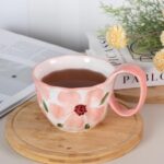 KAMMAK Ceramic Mug - Hand-Painted Coffee and Tea Mug - Vintage Breakfast Cups - Cute Mugs for Women - Ideal for Birthday - Afternoon Tea & Housewarming Gifts, Pink Handle