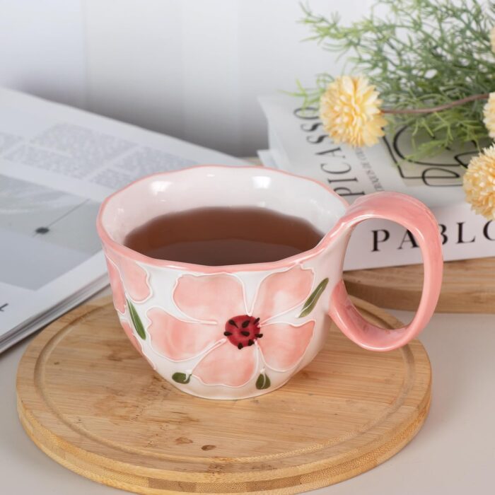 KAMMAK Ceramic Mug - Hand-Painted Coffee and Tea Mug - Vintage Breakfast Cups - Cute Mugs for Women - Ideal for Birthday - Afternoon Tea & Housewarming Gifts, Pink Handle
